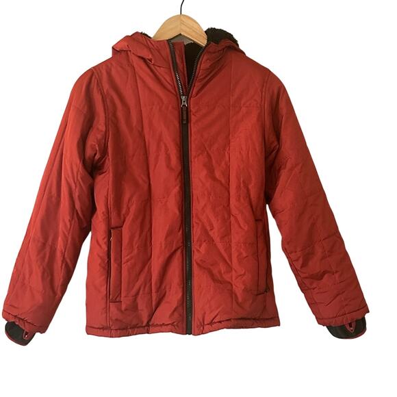Lands End Faux Fur Lined Hooded Puffer Jacket Boys Medium Red Outdoorsy Warm Ski